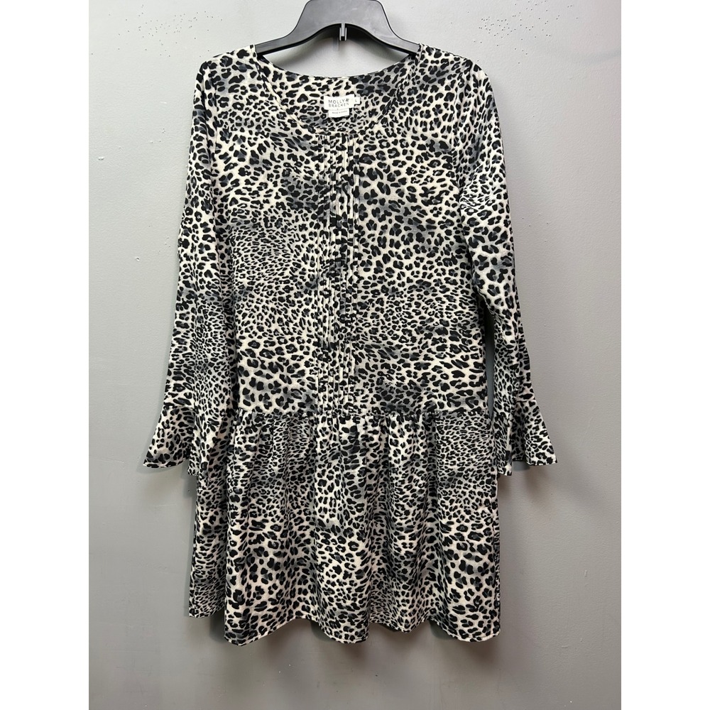 Molly Bracken Dress Womens Large Black White Leopard Print Drop Waist Pleated